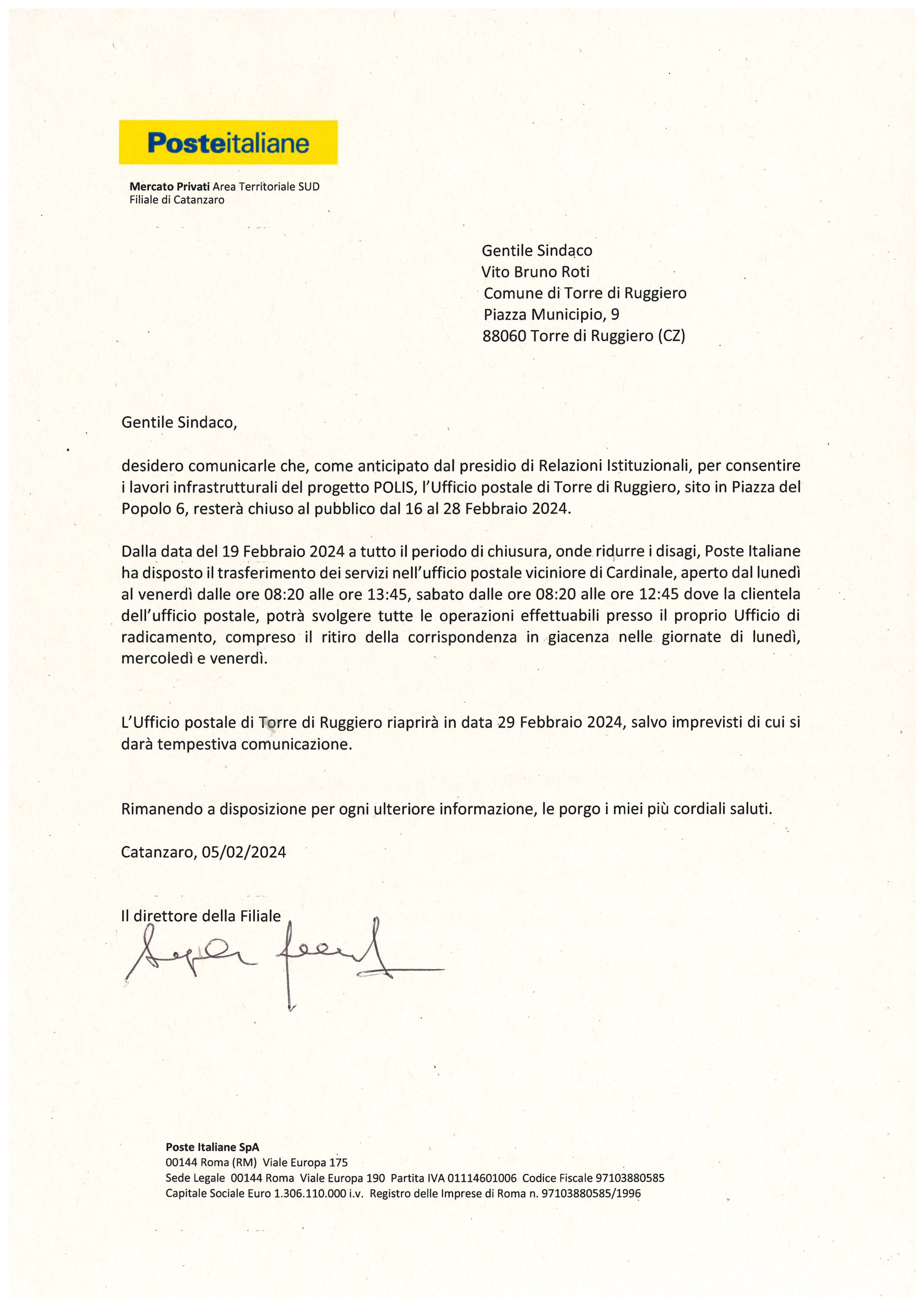 Avviso di chiusura temporanea Ufficio Poste Italiane di Piazza del Popolo